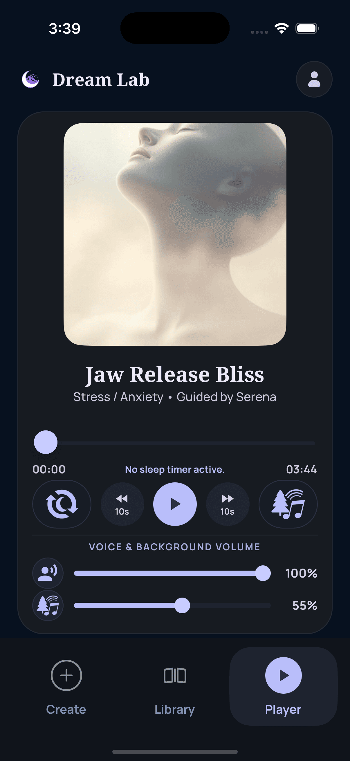 Dream Lab player screen with sleep controls and volume sliders
