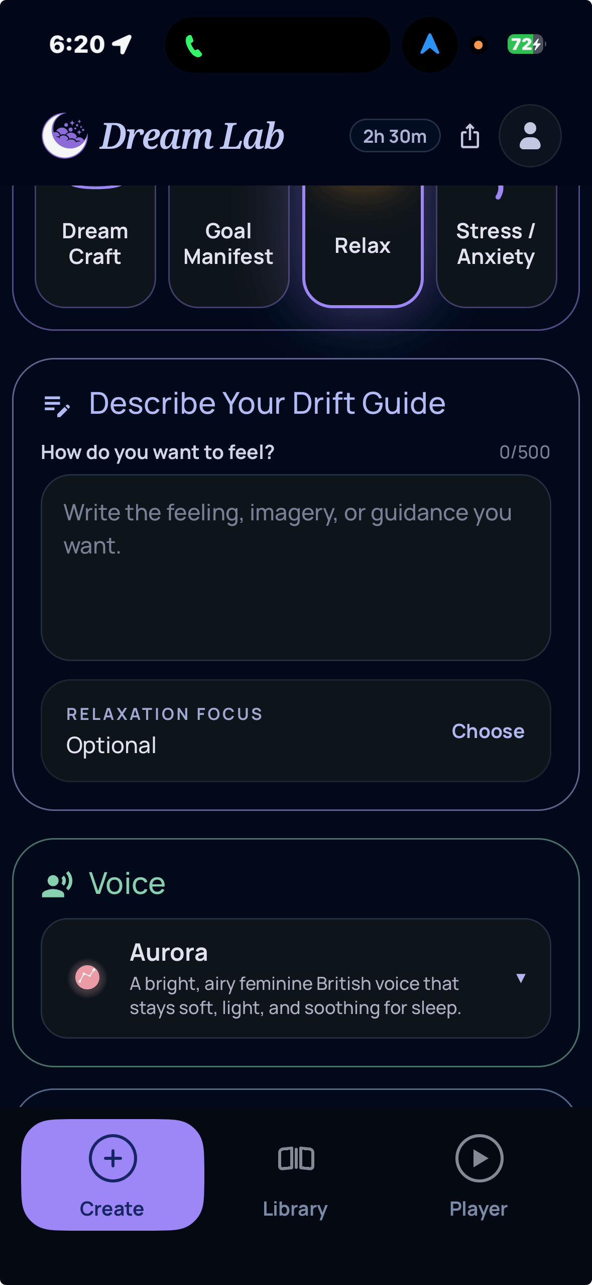 Relaxation preview: How do you want to feel? Add an optional relaxation focus.