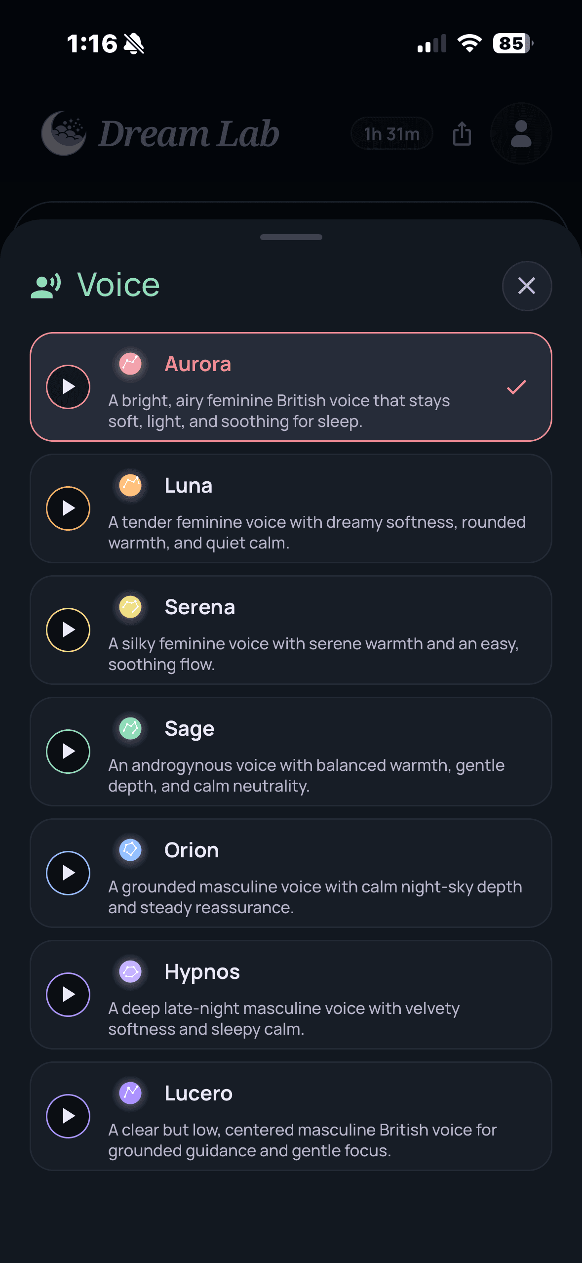 Dream Lab voice choices including Sage